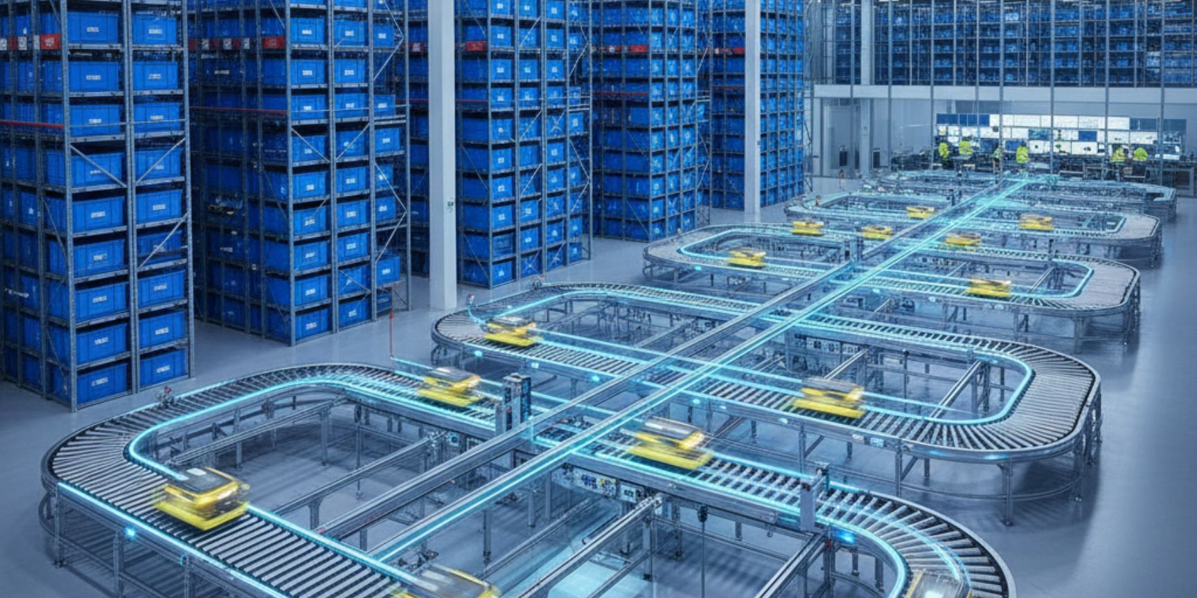 Innenansicht eines hochmodernen, automatisierten Logistikzentrums mit hohen Regalen voller blauer Lagerboxen. Im Vordergrund transportieren fahrerlose Transportsysteme (AGVs) gelbe Pakete auf einem komplexen Förderbandsystem mit leuchtenden blauen Linien, die den Datenfluss symbolisieren. Dies visualisiert die Digitalisierung und Automatisierung in der Lagerlogistik innerhalb eines Gewerbeparks.